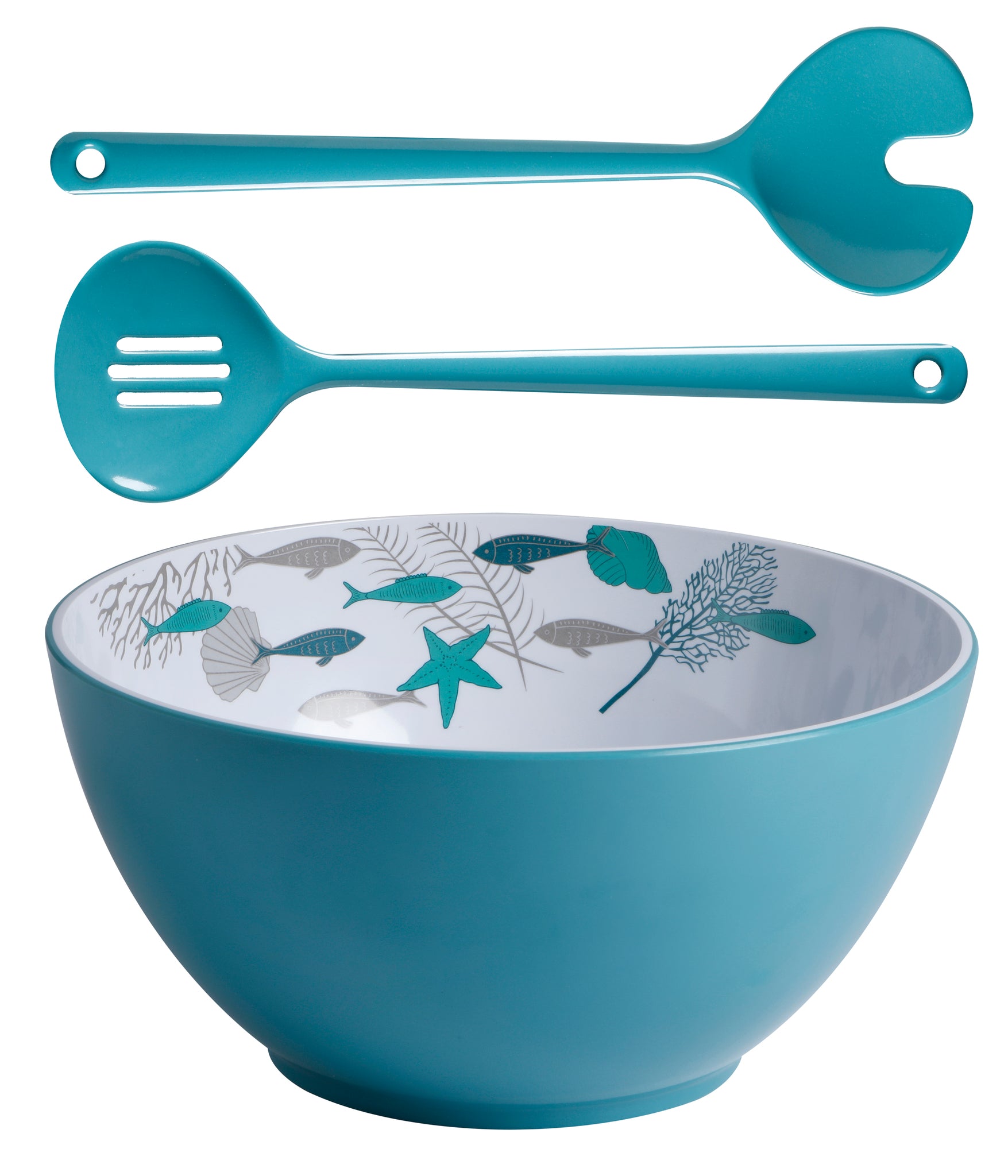 MELAMINE SALAD BOWL + SERVERS, COASTAL