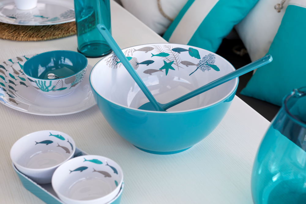 MELAMINE SALAD BOWL + SERVERS, COASTAL